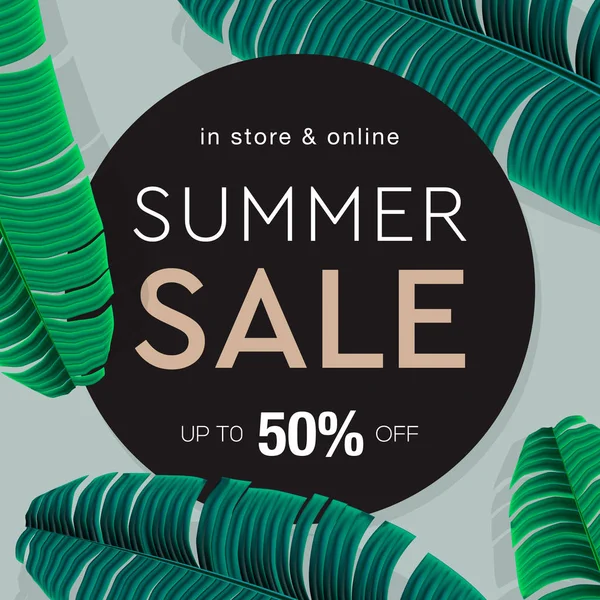 Summer Sale banner, poster con foglie di palma, foglia di giungla e scritte. Fondo tropicale floreale estate. Illustrazione vettoriale . — Vettoriale Stock