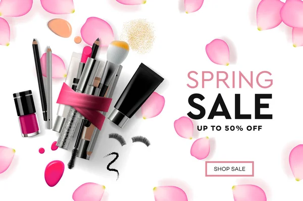 Дизайн веб-страниц искушает косметику Spring Sale, курс макияжа, натуральные продукты, уход за телом. Концепция векторной иллюстрации современного дизайна для веб-сайтов и мобильных сайтов . — стоковый вектор