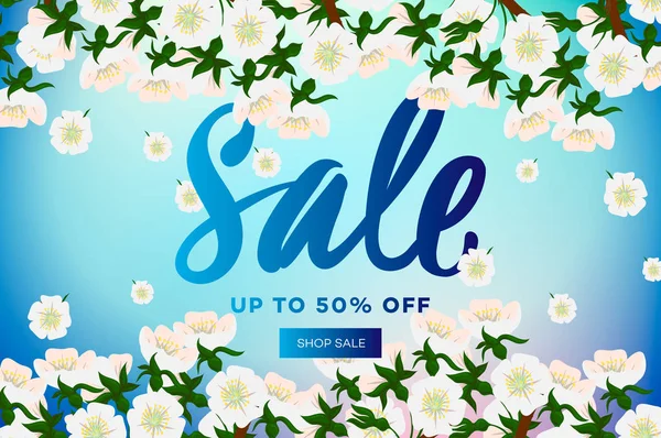 Vårens auktion med blossom sakura på blå bakgrund. Web-banderoll eller affisch för on-line kosmetika butik, butik, mode skönhetssalong, e-handel, vektorillustration — Stock vektor