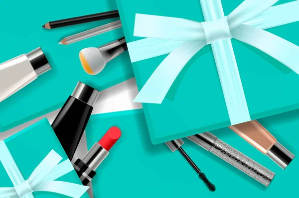 Concept online winkelen cosmetica, geschenkdozen achtergrond bovenaanzicht. Verkoop advertenties, magazine of catalogus sjabloonontwerp op commerciële achtergrond, vectorillustratie. — Stockvector