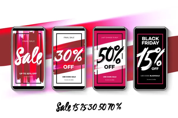 Set di banner web di vendita per applicazioni mobili di social media. Elegante vendita e sconto sfondi promozionali con motivo acquerello astratto rosa, illustrazione vettoriale . — Vettoriale Stock