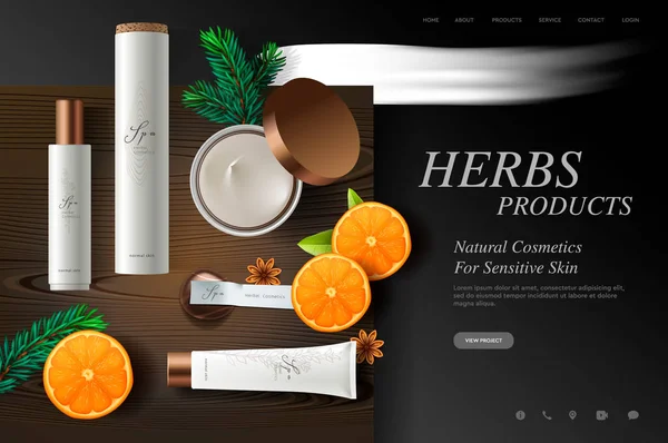 Cosmetics website template, fresh herbs products on wood plate texture, vector illustration. — Stock Vector