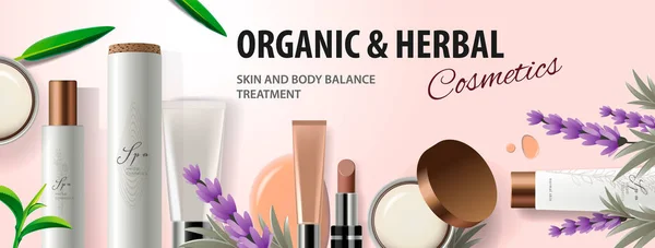 Top view of organic cosmetic products with herbal ingredients, light pink background, vector illustration. Modern concept for website and mobile website development. — Stock Vector