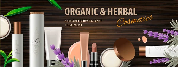 Top view of organic cosmetic products with herbal ingredients, wood background, vector illustration. Modern concept for website and mobile website development. — Stock Vector