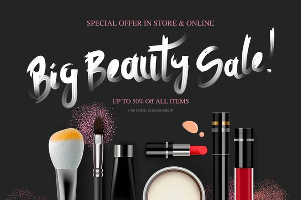 Big Beauty Sale, баннер косметики для сезона покупок, макияж, аксессуары, оборудование, красота, лицо, мода. Векторная иллюстрация . — стоковый вектор