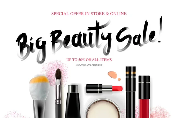 Big Beauty Sale, баннер косметики для сезона покупок, макияж, аксессуары, оборудование, красота, лицо, мода. Векторная иллюстрация . — стоковый вектор