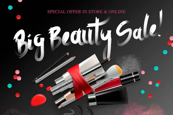 Big Beauty Sale, баннер косметики для сезона покупок, макияж, аксессуары, оборудование, красота, лицо, мода. Векторная иллюстрация . — стоковый вектор