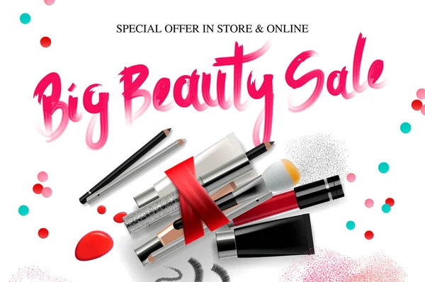 Big Beauty Sale, баннер косметики для сезона покупок, макияж, аксессуары, оборудование, красота, лицо, мода. Векторная иллюстрация . — стоковый вектор