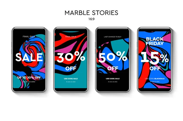 Ensemble de bannières Web de vente pour les applications mobiles de médias sociaux. Vente élégante et rabais milieux promo avec motif abstrait en marbre, illustration vectorielle . — Image vectorielle