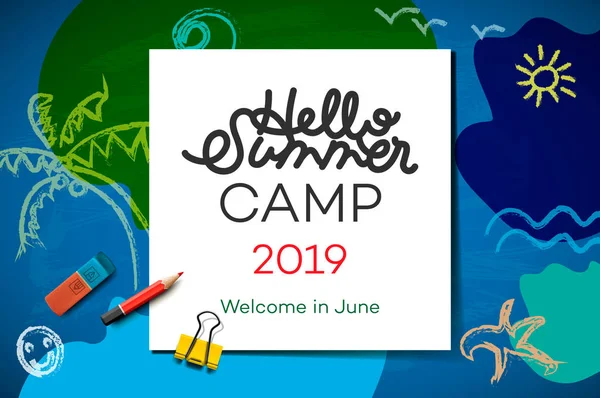 Temalı yaz kampı poster 2019, yaratıcı ve renkli afiş, vektör çizim. — Stok Vektör