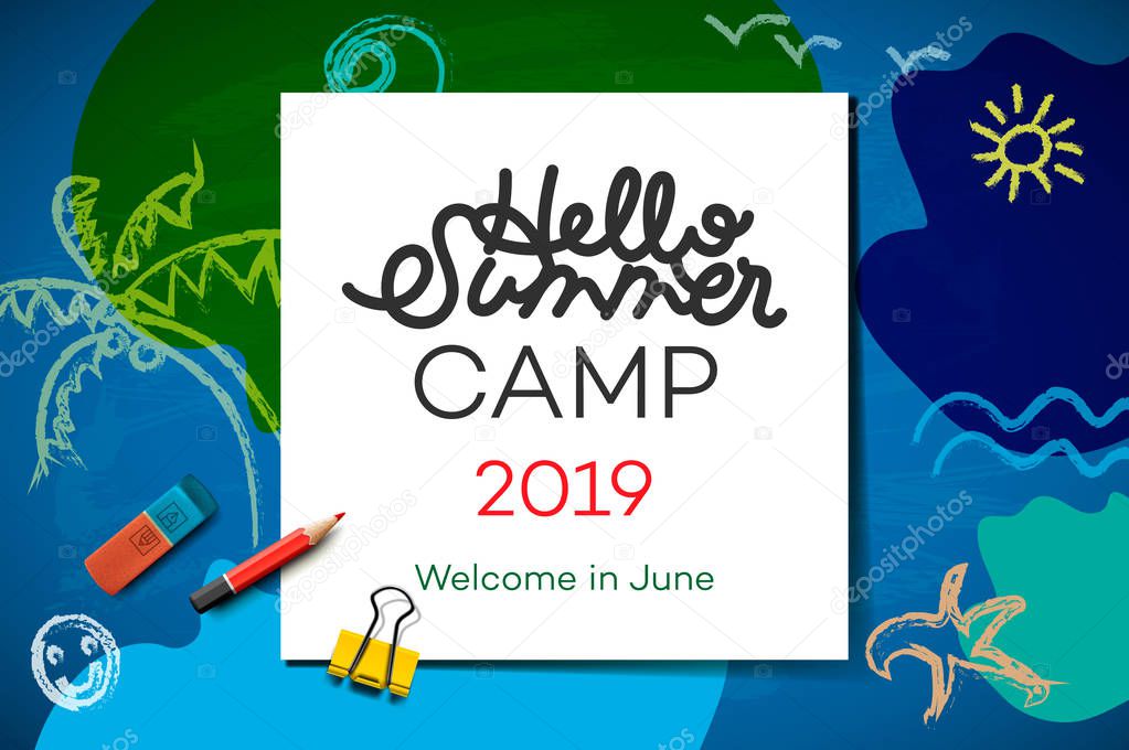 Themed Summer Camp poster 2019, creative and colorful banner, vector illustration.