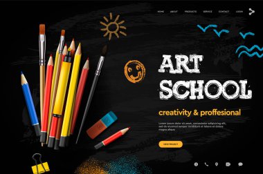 Sanat Okulu, stüdyo, kurs, yaratıcı çocuklar için Web sayfası tasarım şablonu. Web sitesi ve mobil web sitesi geliştirme için modern tasarım vektör illüstrasyon kavramı.