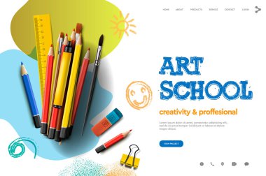 Sanat Okulu, stüdyo, kurs, yaratıcı çocuklar için Web sayfası tasarım şablonu. Web sitesi ve mobil web sitesi geliştirme için modern tasarım vektör illüstrasyon kavramı.