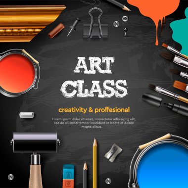 Sanat sınıfı, stüdyo, kurs, okul, eğitim. Banner veya poster siyah kara tahta arka plan, el çizilmiş mektuplar, kalem, fırça, boya ile. Vektör Illustration.