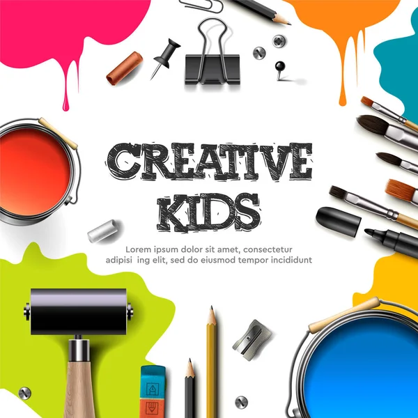 Barn konst hantverk, utbildning, kreativitet klass koncept. Banner eller affisch med vit fyrkantig pappers bakgrund, handritade bokstäver, penna, pensel, färger. Vektor illustration. — Stock vektor
