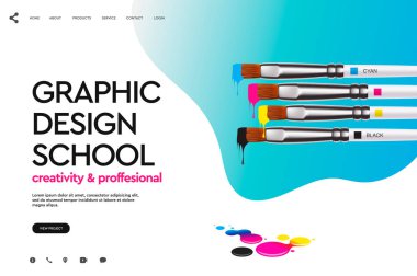 Grafik tasarım okulu, stüdyo, kurs, sınıf, eğitim için Web sayfası tasarım şablonu. Web sitesi ve mobil web sitesi geliştirme için modern tasarım vektör illüstrasyon kavramı.