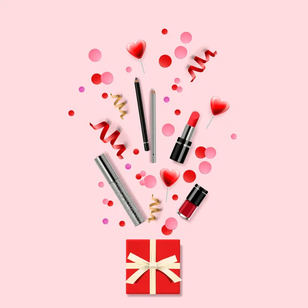 Cosmetics and fashion background with make up artist objects: lipstick, eyelash, nail. Modern design vector illustration concept for website and mobile website development. — Stock Vector