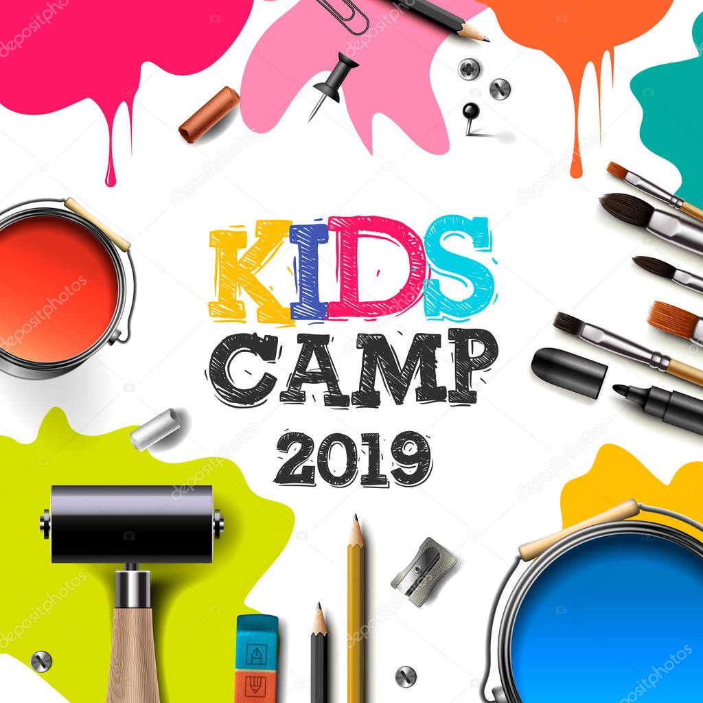 Kids Art Camp 2019, education, creativity art concept. Banner or poster with white background, hand drawn letters, pencil, brush, paints. Vector illustration.