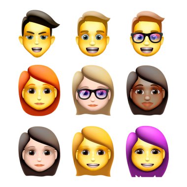 Çizgi film tarzında karakterler avatarları, emoji simgeleri, animoji, vektör illüstrasyon.