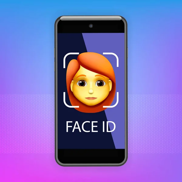 Facial recognition concept. Face ID, face recognition system. Smartphone with human head and scanning app on screen. Modern application. Vector illustration.
