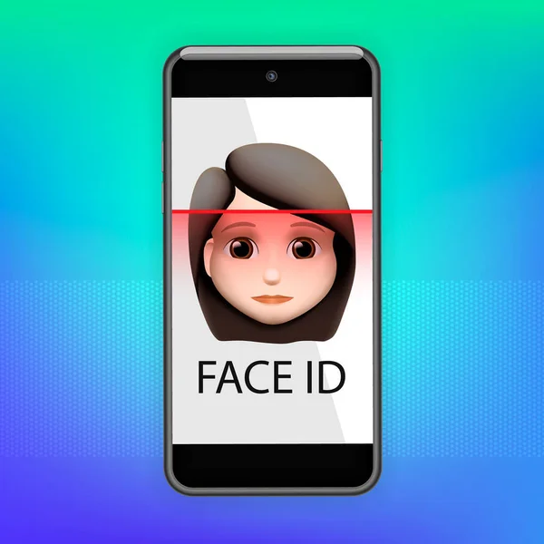 Ιδέα αναγνώρισης προσώπου. Face ID, σύστημα αναγνώρισης προσώπου. Smartphone με ανθρώπινο κεφάλι και εφαρμογή σάρωσης στην οθόνη. Σύγχρονη εφαρμογή. Απεικόνιση διανυσματικών φορέων. — Διανυσματικό Αρχείο