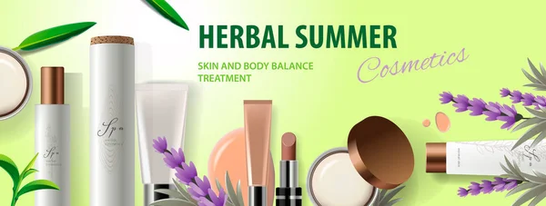 Web banner Herbal Summer. Organic cosmetic products with natural ingredients and lavender, vector illustration. Modern concept for website and mobile website development. — Stock Vector