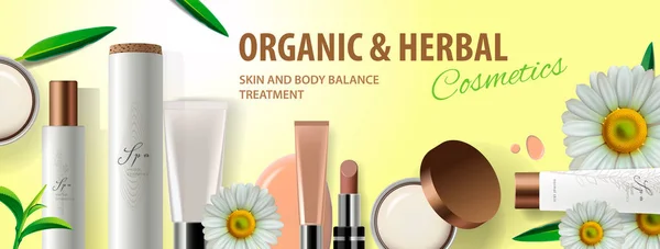 Organic cosmetic products with herbal ingredients and camomile, vector illustration. Modern concept for website and mobile website development. — Stock Vector