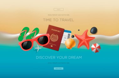 Seyahat, tatil, macera teması web afiş. Üst te. Seyahat zamanı. Web sitesi ve mobil web sitesi geliştirme için modern vektör illüstrasyon kavramı.
