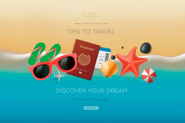 旅行、休暇、冒険をテーマにしたウェブバナー。トップビュー。旅行の時間だウェブサイトやモバイルサイト開発のための現代ベクトルイラストコンセプト. — ストックベクタ