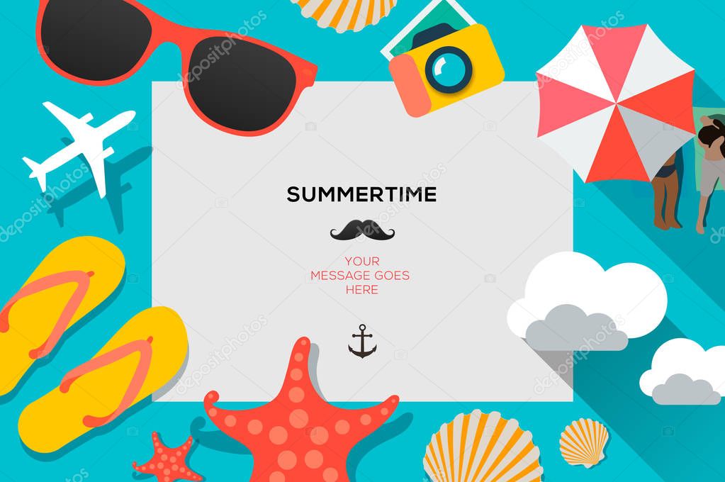 Summertime traveling template with beach summer accessories, flat design, vector illustration.