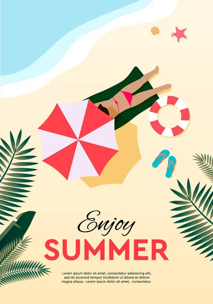 Vacaciones de verano y cartel de vacaciones tropicales o tarjeta de felicitación. Diseño plano vectorial . — Archivo Imágenes Vectoriales