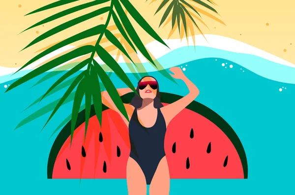 Een jong meisje zonnebaden op het strand. Bovenaanzicht. Zomervakantie, beach party concept, vector illustratie. — Stockvector