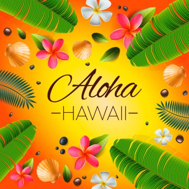 Aloha Hawaii arka plan. Tropikal bitkiler, yapraklar ve çiçekler. Hawaii dili selamı. Vektör çizimi.