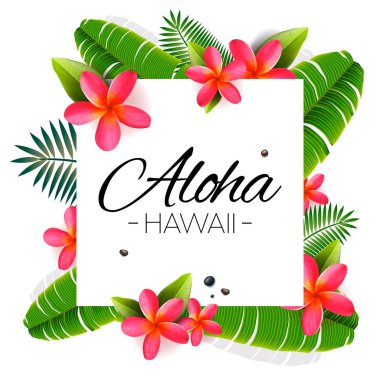 Aloha Hawaii, palmiye yaprakları, egzotik çiçekler. Vektör çizimi.