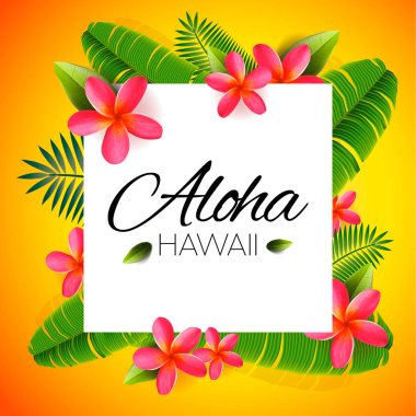Aloha Hawaii, palmiye yaprakları, egzotik çiçekler. Vektör çizimi.
