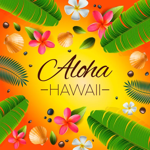 Aloha Hawaii background. Tropical plants, leaves and flowers. Hawaiian language greeting. Vector illustration. — Stock Vector