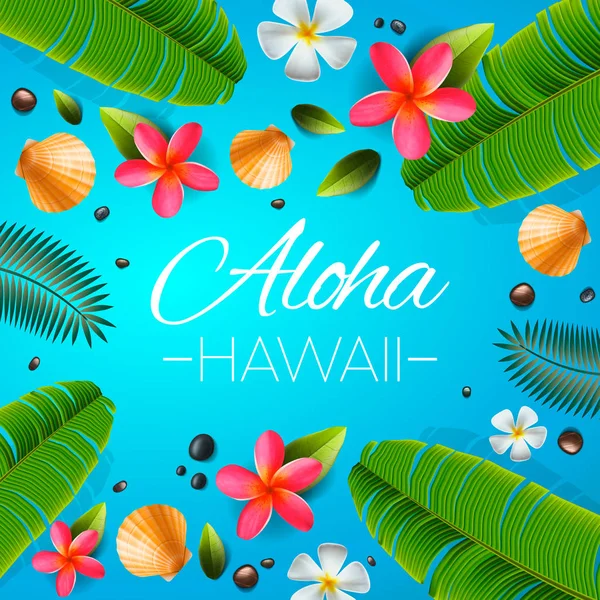 Aloha Hawaii background. Tropical plants, leaves and flowers. Hawaiian language greeting. Vector illustration. — Stock Vector