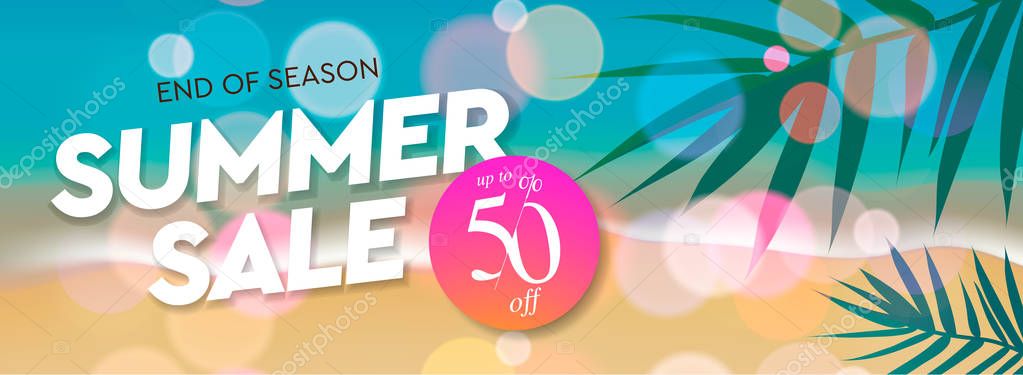 Summer Sale template, web banner. End of season, up to 50 off, vector illustration.