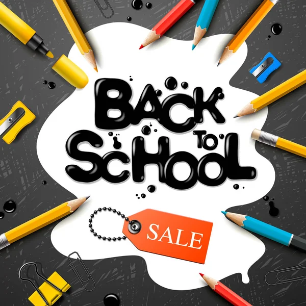 Back to school Sale design with pencils and typography lettering. Vector School illustration for poster, web, cover, ad, greeting, card, social media, promotion. — Stock Vector