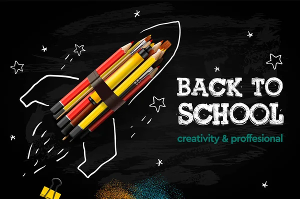 De volta à bandeira criativa da escola. Lançamento de foguetes com lápis - esboço no quadro negro, ilustração vetorial . — Vetor de Stock