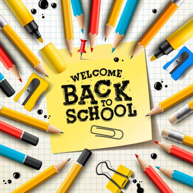 Kalemler ve yapışkan notlarla okul tasarımına geri dön. Sonrası ile Vektör illüstrasyon, kırmızı pin, tebrik kartı, afiş, el ilanı, davetiye için sarf malzemeleri ve el yazısı.