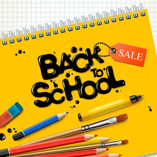 Tillbaka till skol försäljning. Design med färgglada blyertspennor och gul anteckningsbok på rutig papper bakgrund, vektor illustration. — Stock vektor
