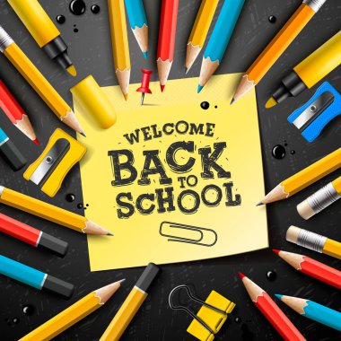 Sarı arka plan üzerine kalemler ve yapışkan notlar ile okul tasarımı geri. Sonrası ile Vektör illüstrasyon, kırmızı pin, tebrik kartı, afiş, el ilanı, davetiye için sarf malzemeleri ve el yazısı