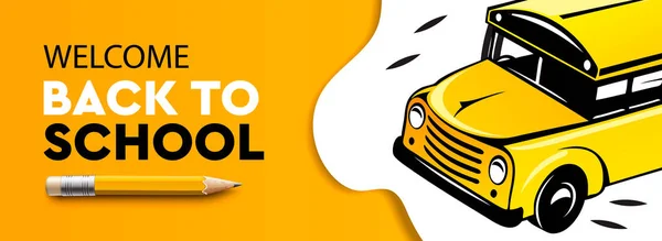 Bem-vindo de volta à escola banner horizontal, ônibus escolar, ilustração vetorial . —  Vetores de Stock
