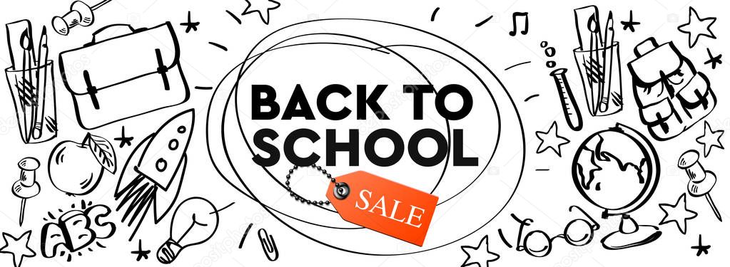 Back to school Sale horizontal banner, doodle background, vector illustration.