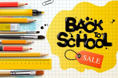 Geri okul satış tasarım kalemler ve tipografi yazı ile. Vektör School Illustration poster, Web, kapak, reklam, tebrik, kart, sosyal medya, promosyon.