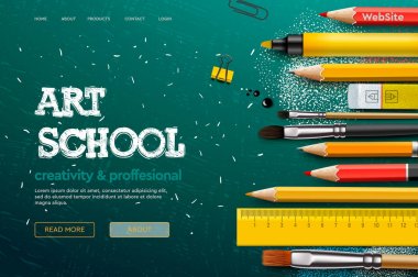 Sanat okulu, stüdyo, sınıf, eğitim için web sayfası tasarım şablonu. Web sitesi ve mobil web sitesi geliştirme için modern tasarım vektör çizimi kavramı.