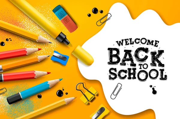 Bienvenue à l'école, affiche et bannière avec des crayons colorés et des éléments pour la promotion du marketing de détail et de l'éducation liée. Illustration vectorielle . — Image vectorielle