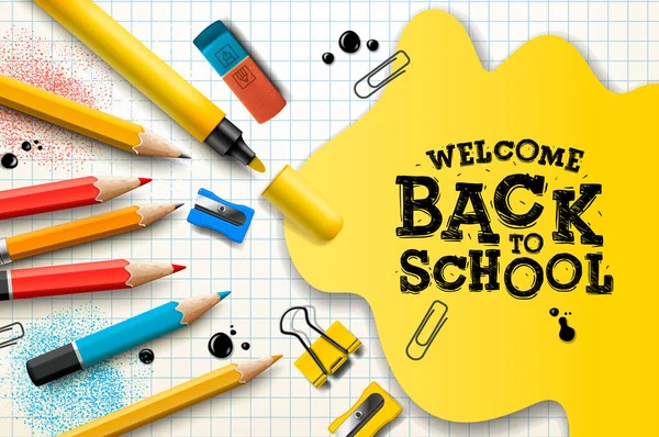Bem-vindo de volta à escola, cartaz e banner com lápis coloridos e elementos para promoção de marketing de varejo e educação relacionada. Ilustração vetorial . — Vetor de Stock