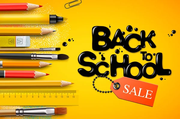 Vente de retour à l'école, affiche et bannière avec crayons colorés et des éléments pour la promotion du marketing de détail et liés à l'éducation. Illustration vectorielle . — Image vectorielle